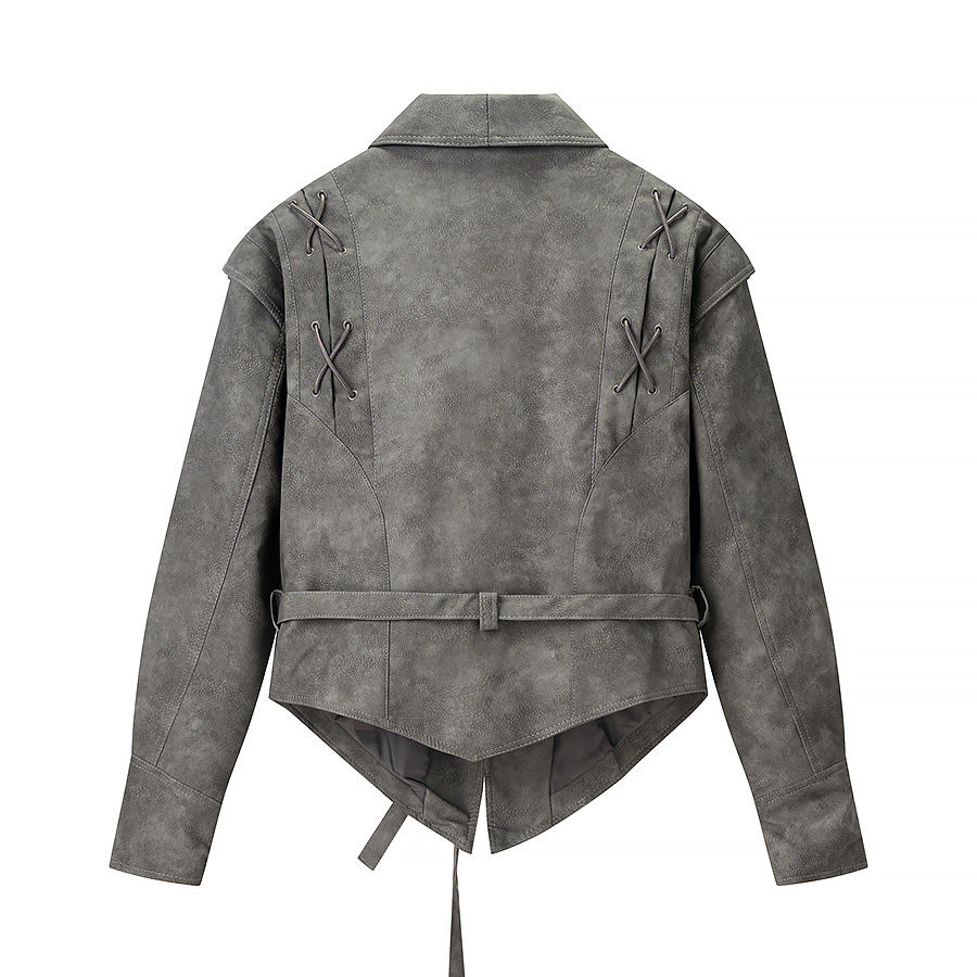 Damen Kurzjacke aus Veloursoptik mit Wickelgürtel und Schnürdetail Nord Taschen