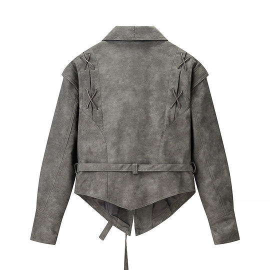 Damen Kurzjacke aus Veloursoptik mit Wickelgürtel und Schnürdetail Nord Taschen