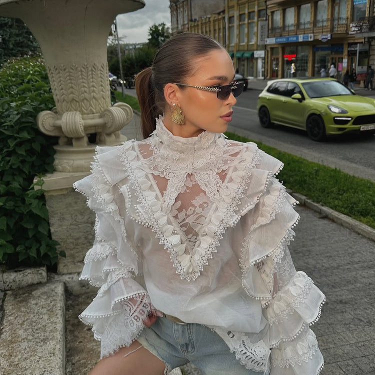 Damen Transparente Spitzenbluse mit Volant-Ärmeln und hohem Stehkragen Nord Taschen