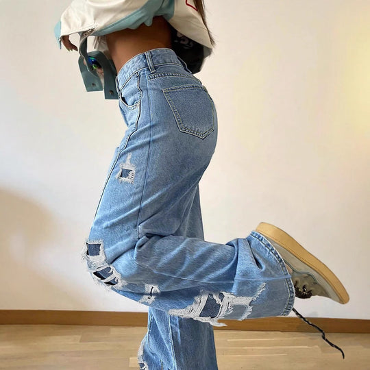 Damen weite Destroyed-Jeans mit seitlichen Cutouts und kontrastierten Unterlagen Nord Taschen