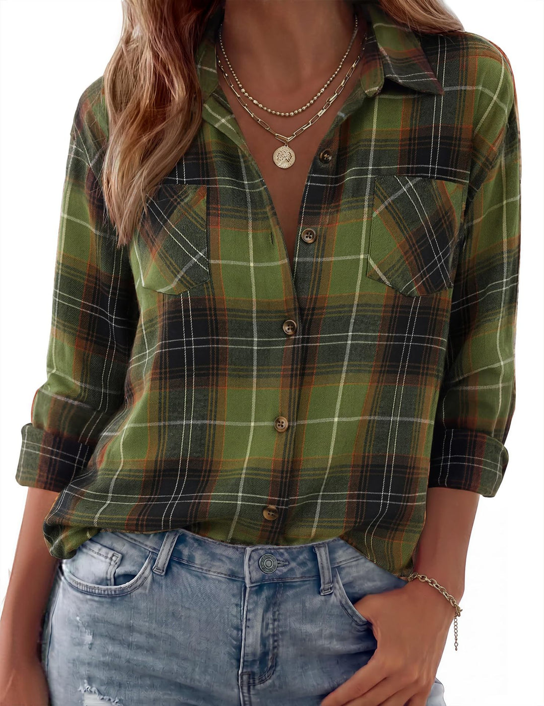 Damen Karierte Oversize-Hemdjacke aus Flanell mit Brusttaschen Nord Taschen