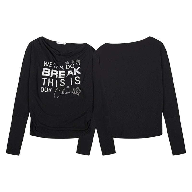 Damen Weiches Langarmshirt mit Wasserfallausschnitt, Statement-Print und Strassapplikationen Nord Taschen