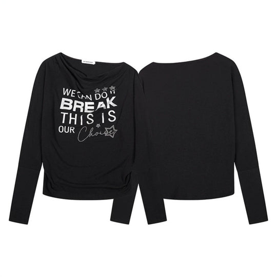 Damen Weiches Langarmshirt mit Wasserfallausschnitt, Statement-Print und Strassapplikationen Nord Taschen