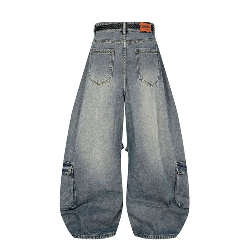 Damen Weite Denim-Cargo-Hose im Balloon-Schnitt mit großen Aufsatztaschen und geflochtenem Gürtel Nord Taschen
