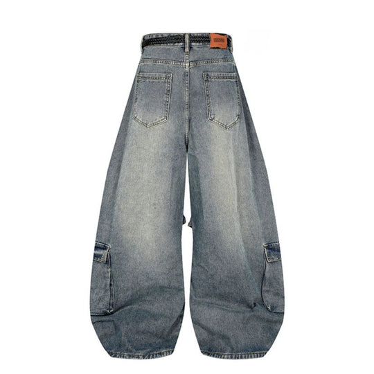 Damen Weite Denim-Cargo-Hose im Balloon-Schnitt mit großen Aufsatztaschen und geflochtenem Gürtel Nord Taschen