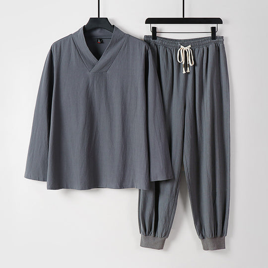 Herren Leichtes Kimono-Loungewear-Set aus Baumwollmix mit V‑Ausschnitt und elastischer Bündchenhose Nord Taschen
