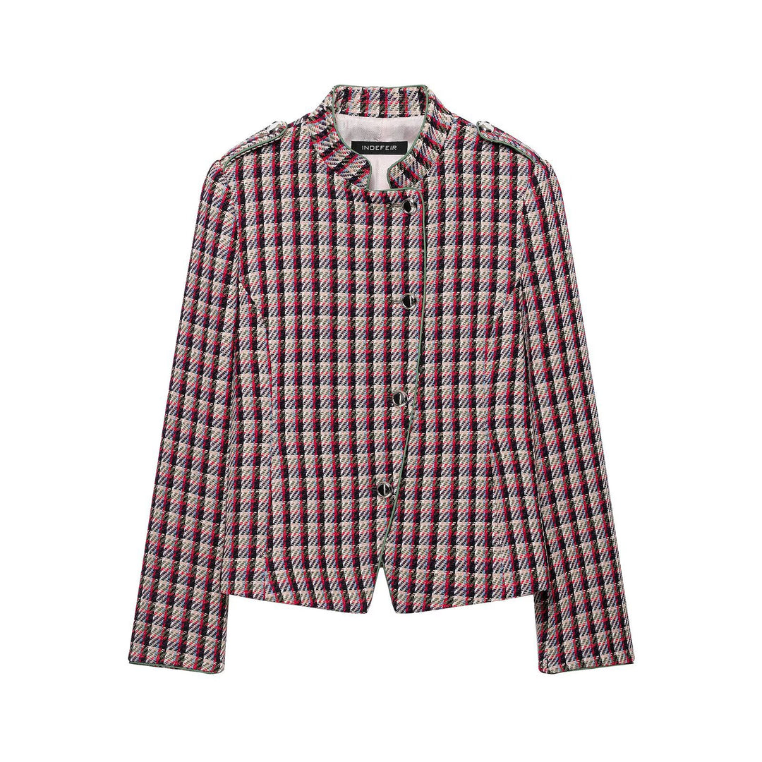 Damen Kurzblazer-Jacke im Bouclé-Tweed mit Stehkragen und Schulterpatten Nord Taschen