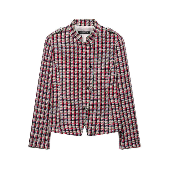 Damen Kurzblazer-Jacke im Bouclé-Tweed mit Stehkragen und Schulterpatten Nord Taschen