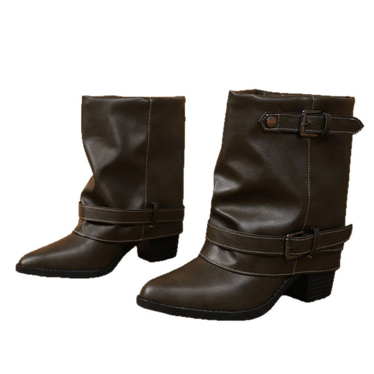Damen halbhohe Stiefel mit dekorativen Schnallenriemen und Blockabsatz Nord Taschen