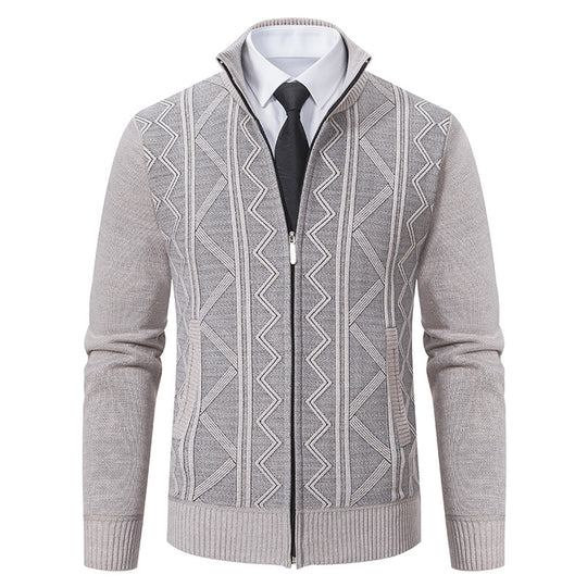 Herren Strukturiertes Feinstrick-Zipcardigan mit Stehkragen und geometrischem Zopfmuster Nord Taschen