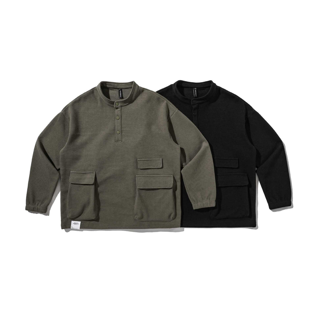 Herren Waffelstrick-Henley-Pullover mit Stehkragen, Druckknopfleiste und großen Utility-Taschen Nord Taschen