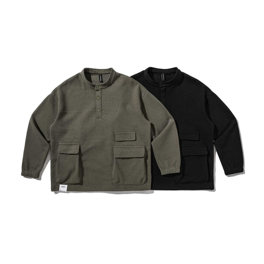 Herren Waffelstrick-Henley-Pullover mit Stehkragen, Druckknopfleiste und großen Utility-Taschen Nord Taschen