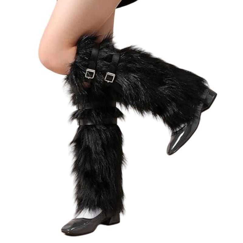 Damen Lange Kunstfell-Beinwärmer mit verstellbaren Schnallen und Plateau-Stulpen Nord Taschen