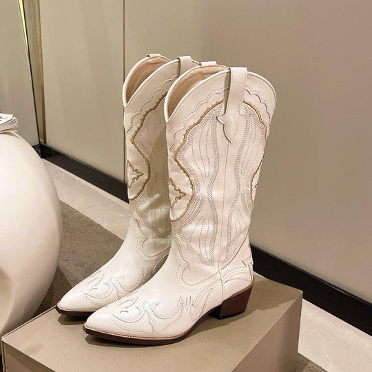 Damen Kniehohe Western‑Cowboy‑Stiefel mit filigraner Stickerei und konischem Blockabsatz Nord Taschen