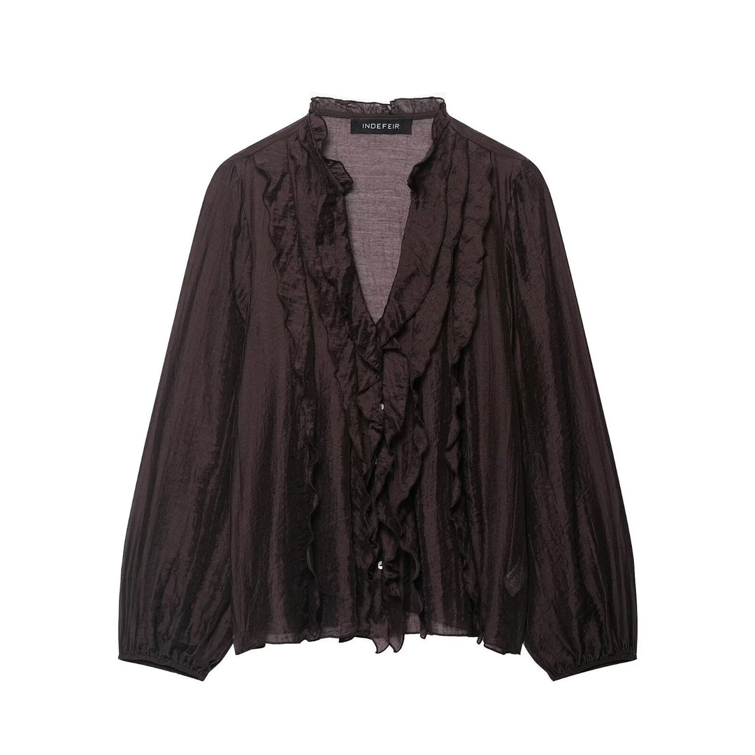 Damen Leichte Chiffon-Bluse mit Volantknopfleiste und Ballonärmeln Nord Taschen