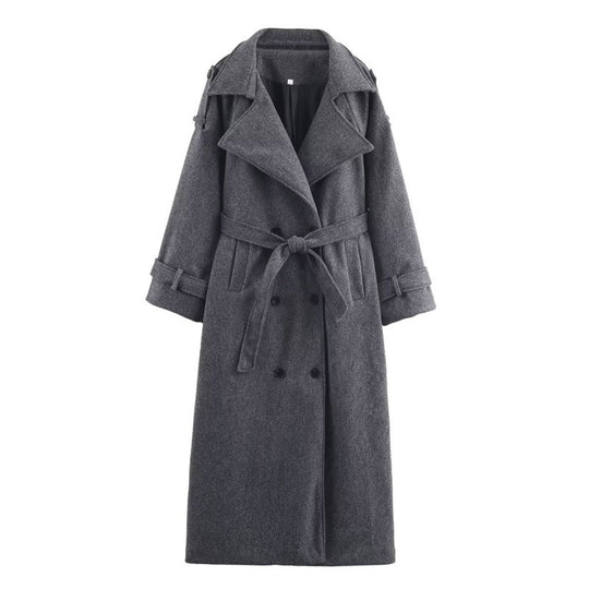 Damen langer doppeltreihiger Wollmix-Trenchcoat mit Gürtel und breitem Revers Nord Taschen