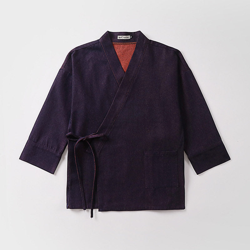 Unisex Leichte Wickel-Kimono-Jacke aus Leinen-Baumwollmix mit Kontrastbesatz und Bindegürtel Nord Taschen