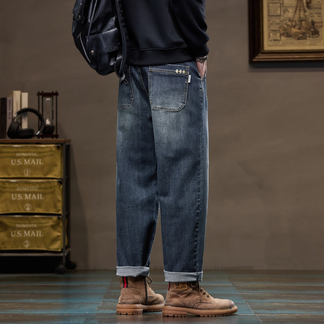Herren Weite gerade geschnittene Denim-Jeans mit Used‑Wash und Umschlagbund Nord Taschen