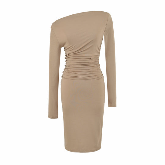 Damen Asymmetrisches Ein-Schulter-Midikleid mit Raffung und Langarm Nord Taschen