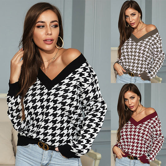 Damen Grobgestrickter Hahnentritt-Pullover mit weitem V‑Ausschnitt und off-shoulder Optik Nord Taschen