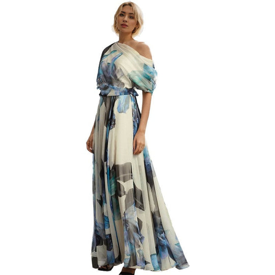 Damen elegantes Chiffon-Kleid mit schulterfreiem Design und floralem Muster