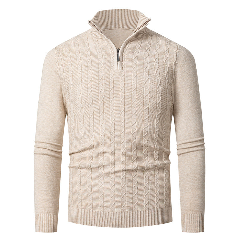 Herren Enganliegender Halbzip-Strukturpullover aus Merino‑Mix mit Zopfmuster und Stehkragen Nord Taschen