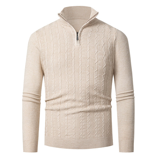 Herren Enganliegender Halbzip-Strukturpullover aus Merino‑Mix mit Zopfmuster und Stehkragen Nord Taschen