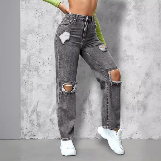 Damen High‑Waist Ripped Straight‑Leg Jeanshose mit Knie‑Cutouts und Used‑Wash Nord Taschen