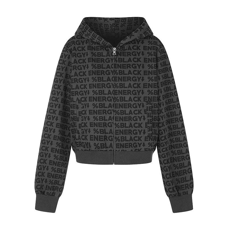 Damen kurze Zip-Kapuzenjacke mit Allover-Logoprint und elastischem Rippenbund Nord Taschen