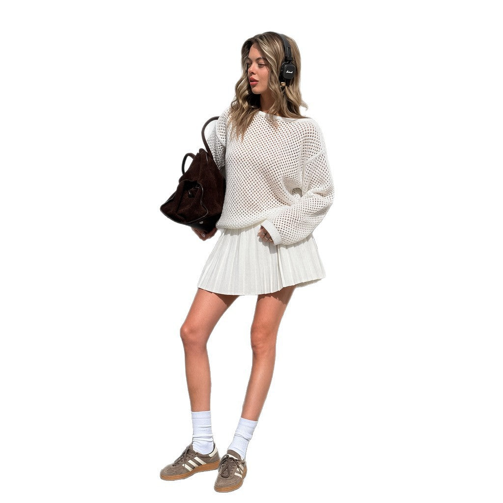 Damen oversized Netzstrickpullover mit plissiertem Minirock-Set Nord Taschen