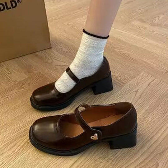 Damen Mary-Jane Schuhe mit modischer Herzschnalle und komfortablem Blockabsatz