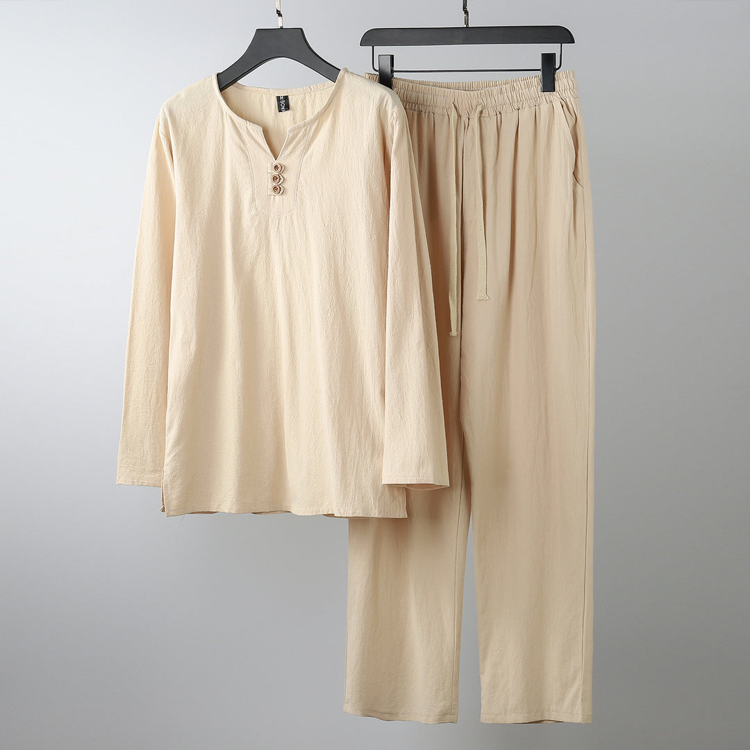 Damen Komfortables Baumwoll-Loungewear-Set mit Henley-Ausschnitt und Kordelbundhose Nord Taschen