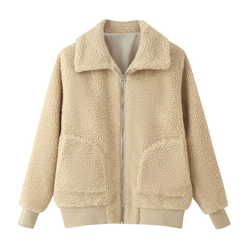 Damen Oversized Teddyjacke mit Reißverschluss, Kragen und aufgesetzten Taschen Nord Taschen