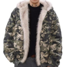 Herren Warmer gefütterter Camouflage-Bomber mit Kapuze und Kunstfellbesatz Nord Taschen