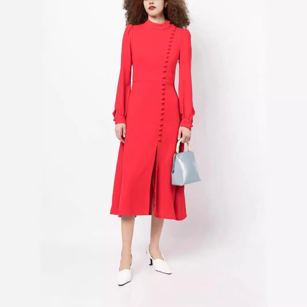 Damen Midikleid im Vintage‑Look mit hochgeschlossenem Kragen, asymmetrischer Zierknopfleiste und Frontschlitz Nord Taschen
