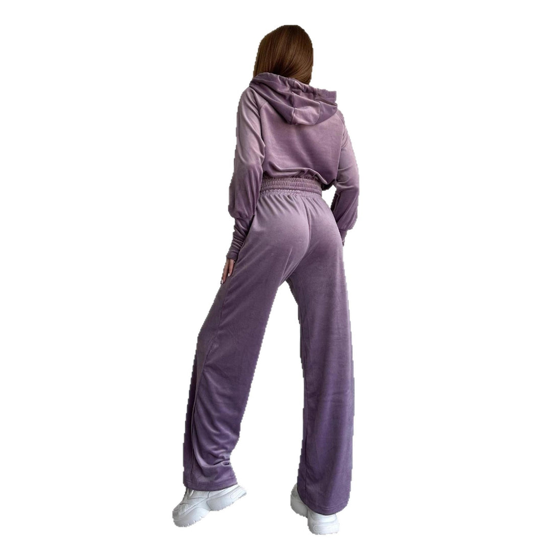 Damen Velours-Lounge-Set mit Cropped Kapuzenjacke und High-Waist weitem Bein Nord Taschen