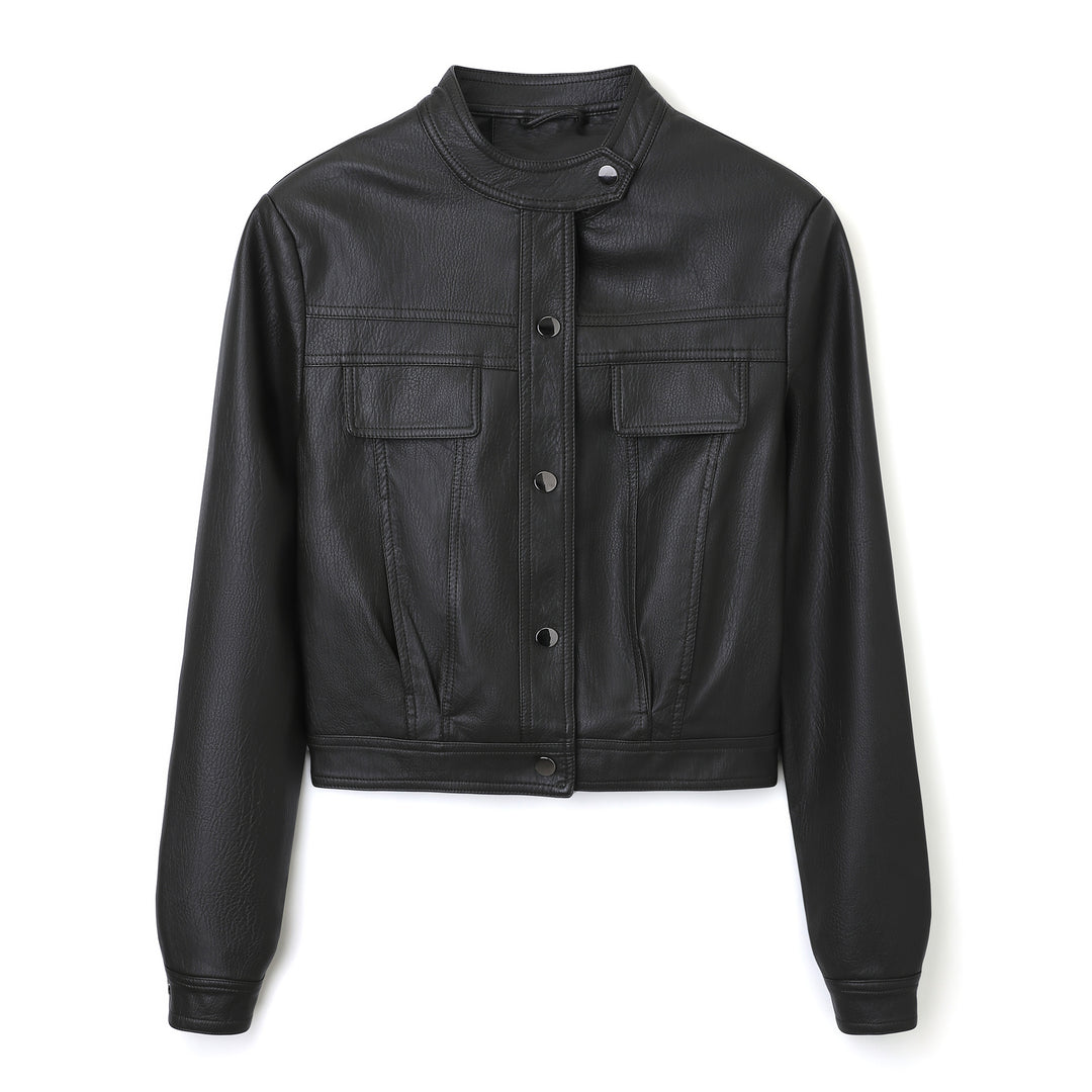 Damen Kurz geschnittene Lederjacke mit Stehkragen und Pattentaschen Nord Taschen