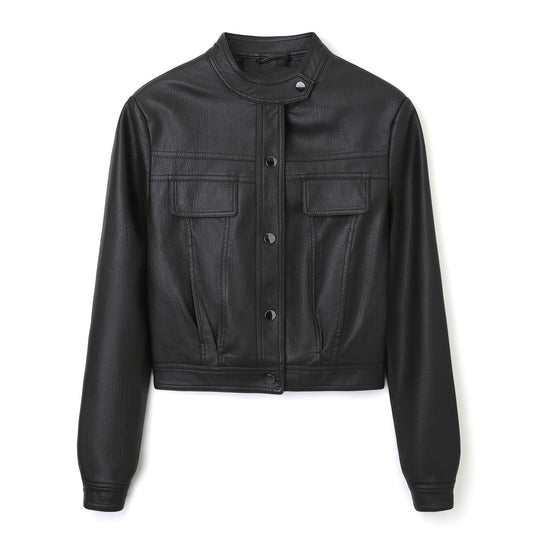 Damen Kurz geschnittene Lederjacke mit Stehkragen und Pattentaschen Nord Taschen
