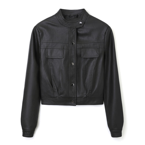 Damen Kurz geschnittene Lederjacke mit Stehkragen und Pattentaschen Nord Taschen