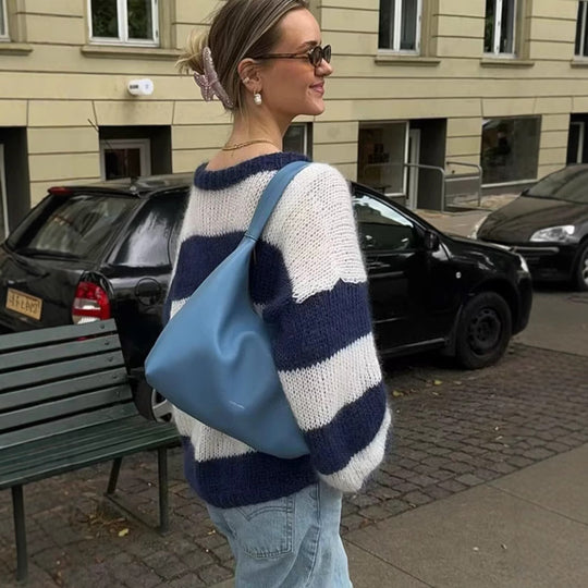 Damen Oversize-Strickpullover mit breiten Blockstreifen und Rundhalsausschnitt Nord Taschen