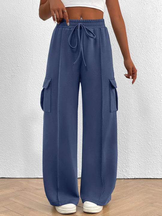 Damen Weite Cargo-Loungehose mit Tunnelzugbund und aufgesetzten Pattentaschen Nord Taschen