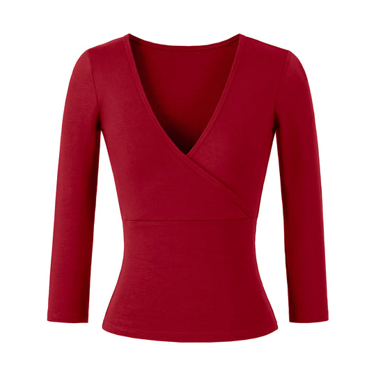 Damen Figurbetontes Wickelshirt aus Stretch‑Jersey mit tiefem V‑Ausschnitt und taillierter Silhouette Nord Taschen