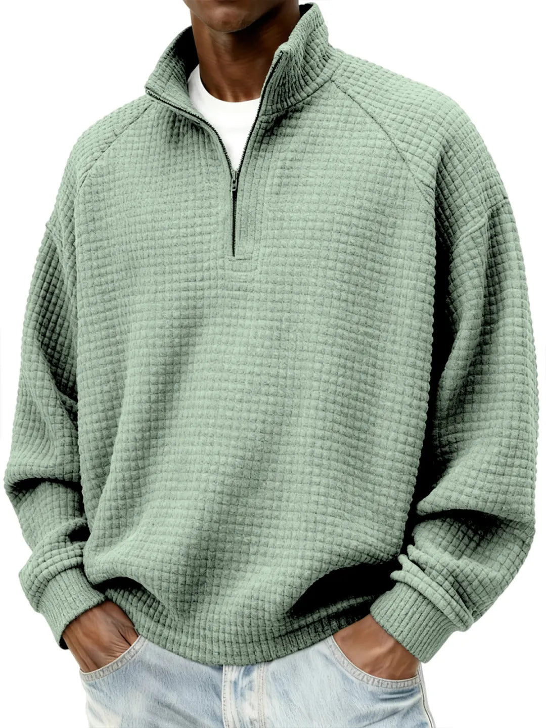 Herren Waffelstrick-Oversize-Pullover mit Halbreißverschluss und Stehkragen Nord Taschen