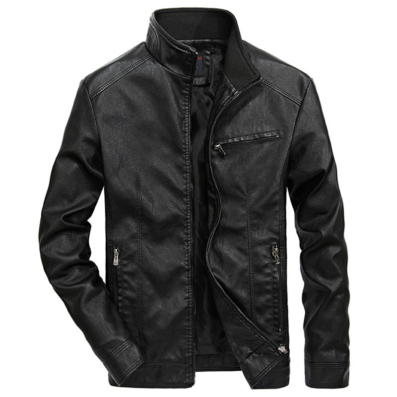 Herren Slim-Fit Kunstleder-Motojacke mit Stehkragen, Reißverschluss-Taschen und verstärkter Nahtführung Nord Taschen