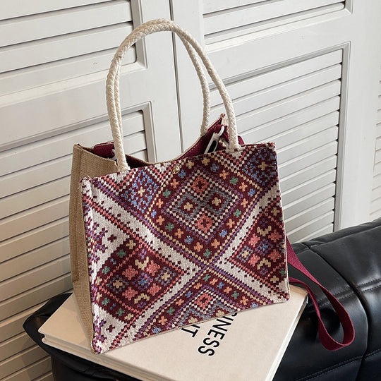 Damen Jute-Tasche mit kunstvollem geometrischen Muster Nord Taschen
