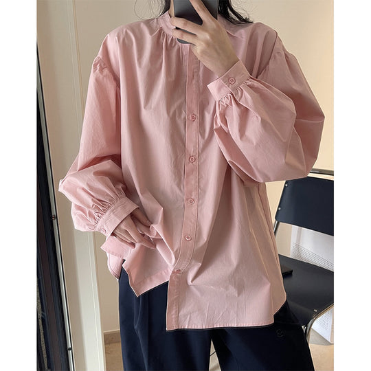 Damen Oversized-Baumwollbluse mit Stehkragen und Ballonärmeln Nord Taschen