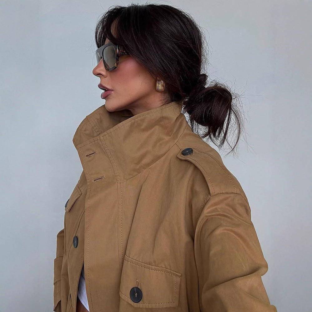 Damen Leichter Baumwoll-Fieldcoat mit Stehkragen, Schulterriegeln & aufgesetzten Pattentaschen Nord Taschen