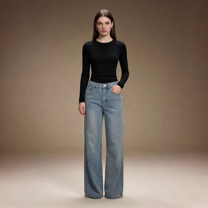 Damen schlichtes langarm-Feinstrickshirt mit Rundhalsausschnitt, leicht taillierter Silhouette und elastischem Tragekomfort Nord Taschen