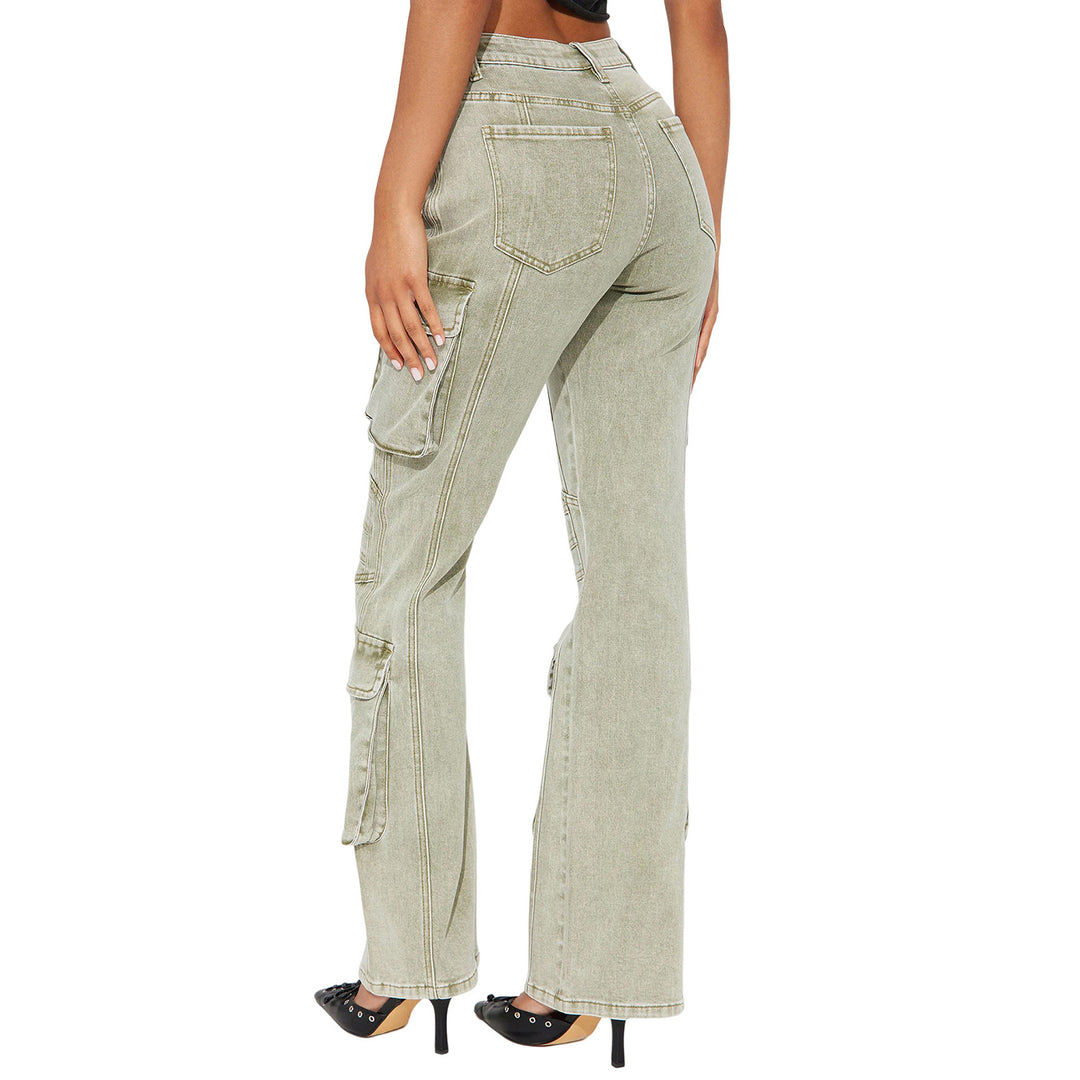 Damen High-Waist Cargo-Denimhose mit weitem Bein, Mehrfachtaschen und Used‑Details Nord Taschen