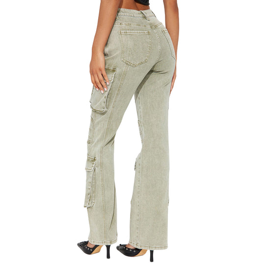 Damen High-Waist Cargo-Denimhose mit weitem Bein, Mehrfachtaschen und Used‑Details Nord Taschen